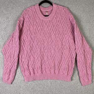 Free People Womens L Isla Cable Knit Tunic Sweater Pink Oversized Pullover